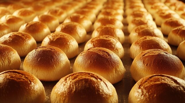 Rows of golden, freshly baked rolls moving along a conveyor belt in a modern industrial bread-baking facility.
