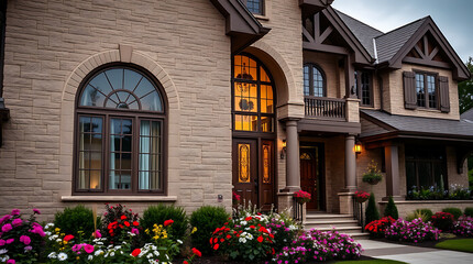 Fototapeta premium Captivating Luxury Home Exterior: Brick Facade, Grand Entrance, and Lush Landscaping