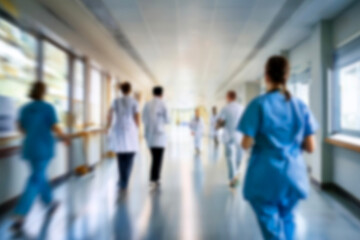 blurred for background. blurred figures of doctors and nurses in a hospital corridor. Doctors and nurses walking in hospital hallway. blurred motion. Moving human figure in the clinic corridor
