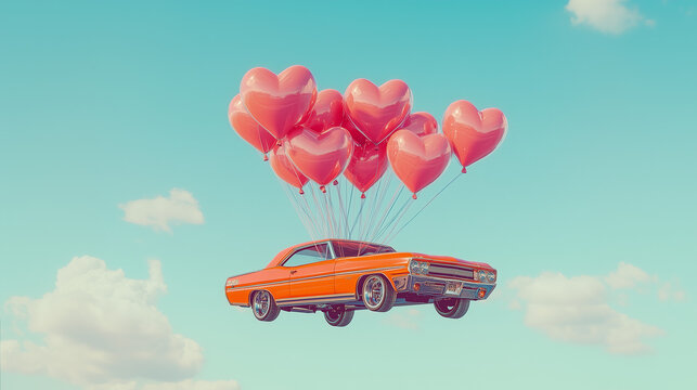 pink vintage car floating in the sky, suspended by heart-shaped pink balloons, bright blue sky with fluffy white clouds. Valentine Day