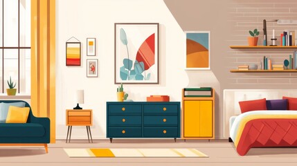 Bedroom and hall interior flat cartoon icons set. Vector bed and wardrobe, dressing table and mirror, sofa and pillows, couch near big window. Chair and lamp, apartment with modern shelf, cosy home