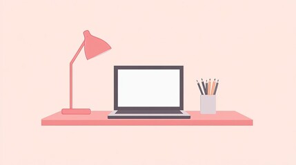 Fototapeta premium Simple home office setup featuring a laptop on a desk with a lamp, a pencil holder, and a clean, neutral background.