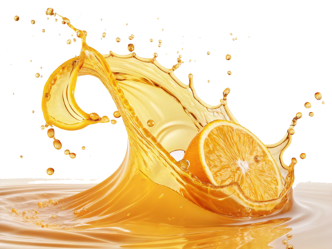 Vibrant orange juice splash, Dynamic liquid motion, Sliced oranges