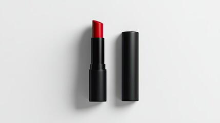 Obraz premium Sleek black lipstick tube with vibrant red lipstick standing upright, its cap elegantly placed beside it on a clean white background.