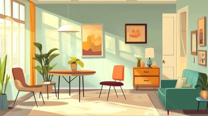 Fototapeta premium Beautiful apartment. Vector illustration Interior of a studio apartment, hotel room or living room with a dining table, chairs, armchair, sofa, paintings, chest of drawers, potted plants and lamps. 