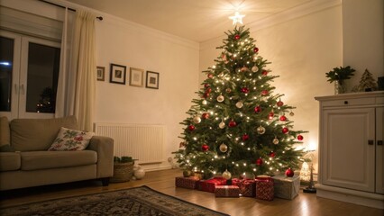 Christmas tree decorated with ornaments and lights in a living room, cozy room, holiday decor, christmas tree, twinkling lights, ornaments on the tree