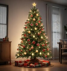 Christmas tree decorated with ornaments and lights, merry atmosphere, winter decoration, twinkling lights
