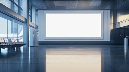 Spacious airport departure lounge featuring a blank white billboard, perfect for advertising or messaging, with planes visible through the terminal window.