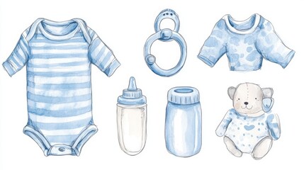Baby boy things set vector illustration. Hand drawn clip art on isolated background. Watercolor drawing of children's items. Sketch of bodysuit with pacifier and bottle. For shower party or birthday