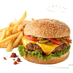 Photorealistic cheeseburger, sesame seed bun, juicy beef patty, melted cheddar cheese, fresh lettuce, ripe tomato slices, red onion, pickles, ketchup and mustard, side of french fries, white backgroun