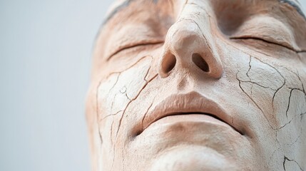 Close-Up View of a Cracked Facial Model Depicting Aging and Deterioration