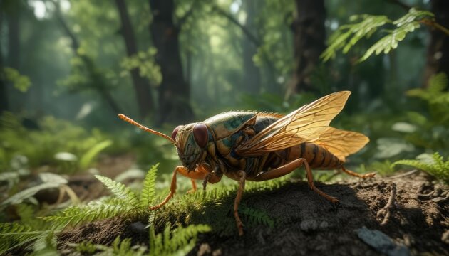 Cicada Cicadetta pellosoma in the undergrowth , underground habitat, insect biology, insects
