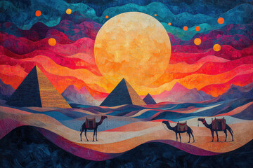 Dreamlike desert scene with interwoven layers of pyramids, camels, and hieroglyphic patterns, creating a surreal and colorful depiction of ancient Egypt’s mystical essence