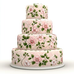 Four-tiered floral wedding cake, isolated white background, celebratory event