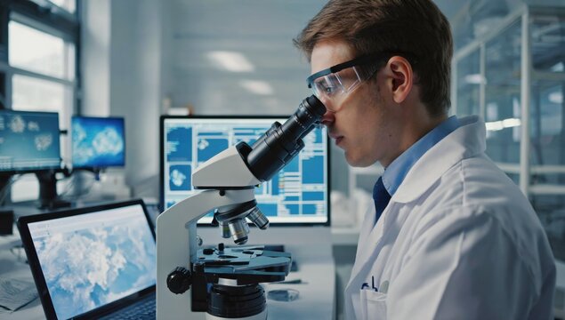 Scientist using microscope in laboratory with computers