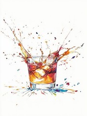 Colorful drink splash; ice cubes; white background; beverage advertisement