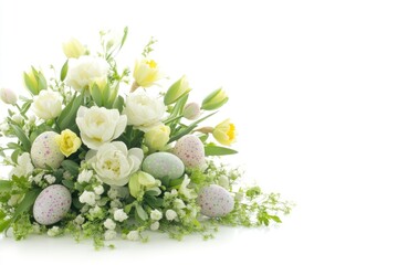 Spring Easter bouquet of tulips, daffodils, lilies, and eggs