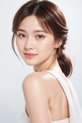 A woman with long brown hair and a white tank top