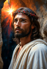 Jesus Christ wearing a crown of thorns. 
Biblical Resurrection of Jesus Christ