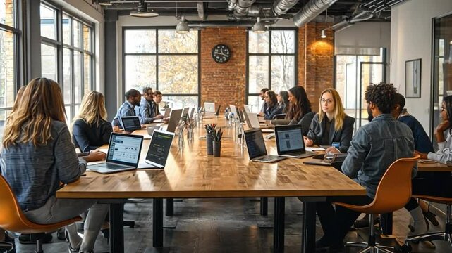 Modern Workplace Collaboration: A group of diverse professionals, focused and engaged, collaborate on projects around a spacious wooden table in a sleek, modern office space.