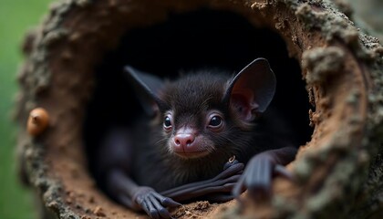 Adorable Baby Bat in Tree Hollow Wildlife Photo