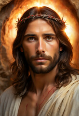 Jesus Christ wearing a crown of thorns. 
Biblical Resurrection of Jesus Christ