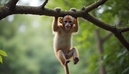 Fototapeta premium Adorable Baby Monkey Hanging on Tree Branch in Lush Forest