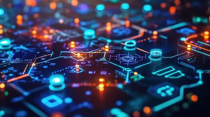 Blockchain network connecting different sectors, from finance to healthcare, with colorful glowing paths 