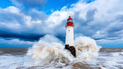 Obraz premium Dramatic Seascape of Lighthouse Battling Powerful Ocean Waves