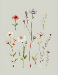 Delicate Wildflower Watercolor Collection on Soft Green Background