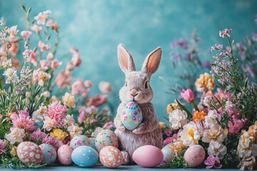 Bunny surrounded by colorful easter eggs and bright flowers in a spring garden setting