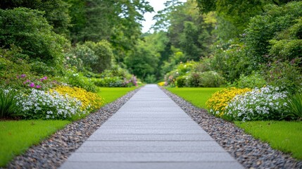 Obraz premium Stone pathway leads through a lush green garden with colorful flower beds under bright daytime light.
