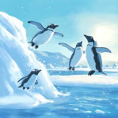 Obraz premium Colorful artwork of penguins in their habitat