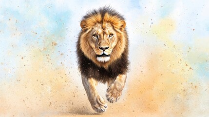 Fototapeta premium Majestic Lion Running Through Dusty Landscape Under Clear Sky