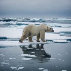 "A polar bear walking along the snowy shore, with waves gently lapping against the ice and a distant horizon of the open sea."