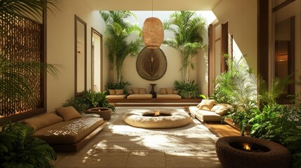 A bright indoor space with cozy seating, earthy-toned cushions, and lush greenery, emphasizing a wellness-focused design.