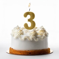 Decorated white cake for birthday or anniversary party, candle number 3, white background