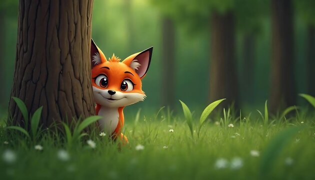 Adorable Fox Kit Hiding Behind Tree in Forest
