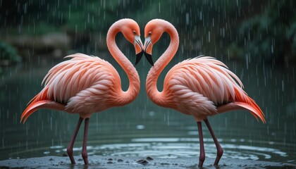 Naklejka premium Two flamingos forming a heart shape near water