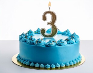 Decorated blue cake for birthday or anniversary party, candle number 3, white background