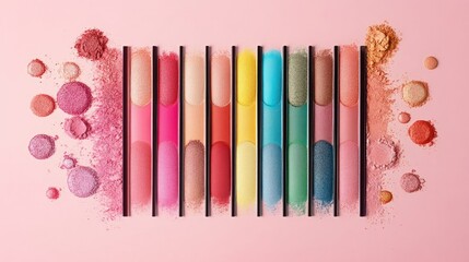 Naklejka premium A colorful collection of makeup products and swatches neatly arranged on a soft pink background for a modern and stylish beauty concept.