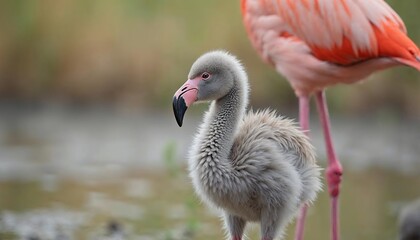Fototapeta premium Adorable Gray Flamingo Chick with Pink Adult