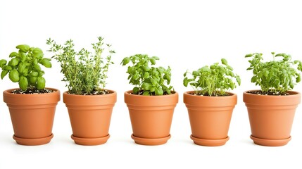 Five potted herbs; basil, thyme, oregano; growing, white background; cooking, gardening