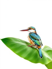 Fototapeta premium Close-up of a rare white bootied racket tail bird resting on a green leaf, outdoors, wildlife photography