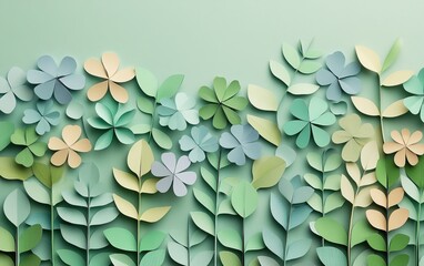 A vibrant arrangement of paper flowers and leaves in shades of green and pastel, creating a whimsical, textured botanical scene.
