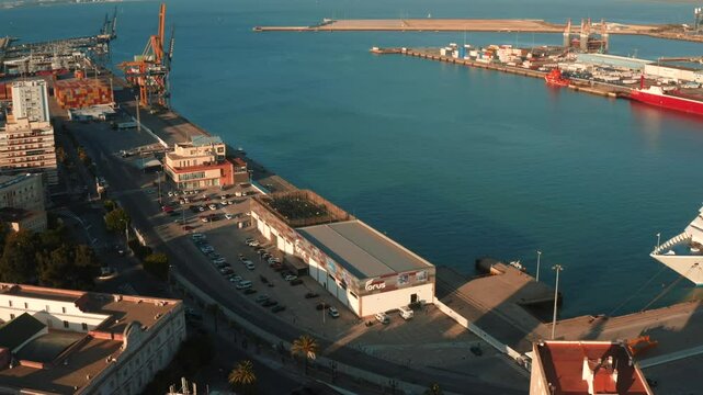 Cadiz aerial shot beach and Bay of Cadiz Puerto Real or Pepa bridge Spain