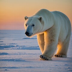 "A close-up of a polar bear walking on a snowy surface, with the vast sea shimmering under the golden hues of dawn."