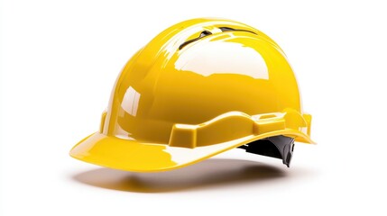Fototapeta premium Yellow hard hat isolated on a white background representing construction safety and industrial work protection.