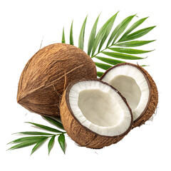 Coconuts, tropical fruit, split coconut, white coconut flesh, whole brown coconut, green palm...