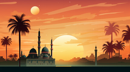 Obraz premium A digital illustration of a mosque at sunset time with palm tree background ai generated